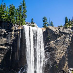 Preview wallpaper waterfall, trees, stones, moss, landscape, nature