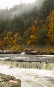 Preview wallpaper waterfall, trees, stones, stream, fog