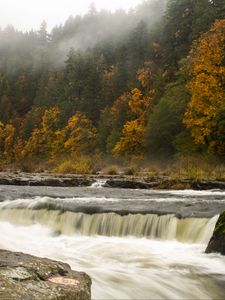 Preview wallpaper waterfall, trees, stones, stream, fog