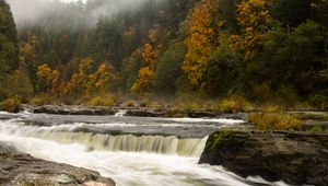 Preview wallpaper waterfall, trees, stones, stream, fog