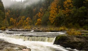 Preview wallpaper waterfall, trees, stones, stream, fog