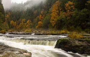 Preview wallpaper waterfall, trees, stones, stream, fog