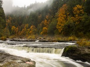 Preview wallpaper waterfall, trees, stones, stream, fog