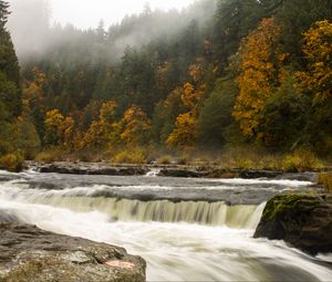 Preview wallpaper waterfall, trees, stones, stream, fog