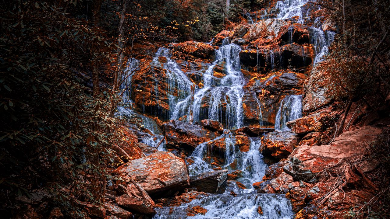 Wallpaper waterfall, trees, stones, water, nature