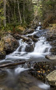 Preview wallpaper waterfall, trees, stones, logs, long exposure