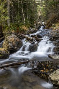 Preview wallpaper waterfall, trees, stones, logs, long exposure