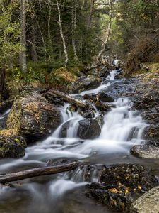 Preview wallpaper waterfall, trees, stones, logs, long exposure