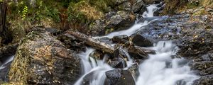 Preview wallpaper waterfall, trees, stones, logs, long exposure