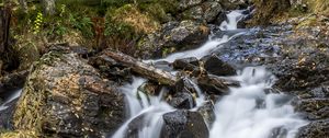 Preview wallpaper waterfall, trees, stones, logs, long exposure