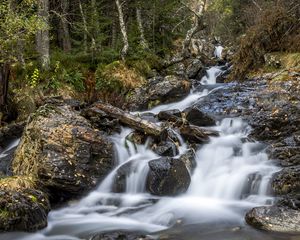 Preview wallpaper waterfall, trees, stones, logs, long exposure
