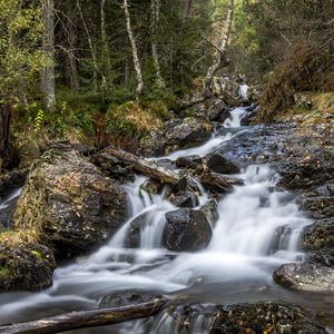 Preview wallpaper waterfall, trees, stones, logs, long exposure