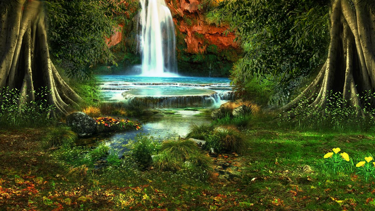 Wallpaper waterfall, trees, vegetation, nature, landscape