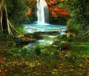 Preview wallpaper waterfall, trees, vegetation, nature, landscape