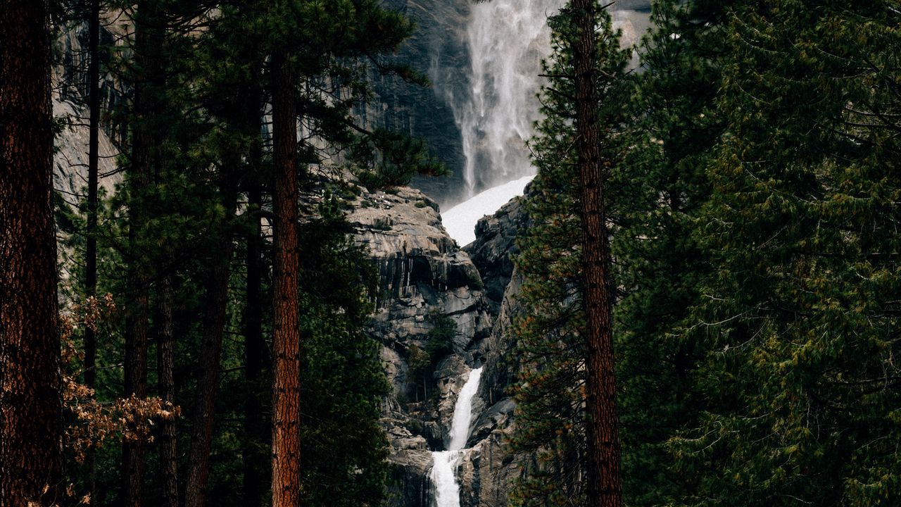 Wallpaper waterfall, trees, water, flow, break