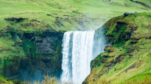 Preview wallpaper waterfall, valley, flowers, grass, nature