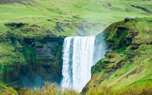Preview wallpaper waterfall, valley, flowers, grass, nature