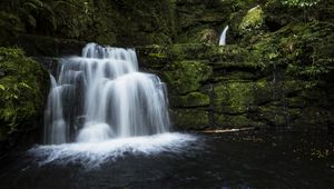 Preview wallpaper waterfall, water, cascade, rock, moss, nature