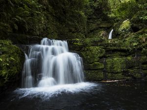 Preview wallpaper waterfall, water, cascade, rock, moss, nature