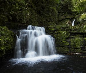 Preview wallpaper waterfall, water, cascade, rock, moss, nature