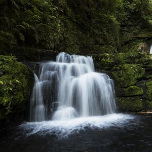 Preview wallpaper waterfall, water, cascade, rock, moss, nature