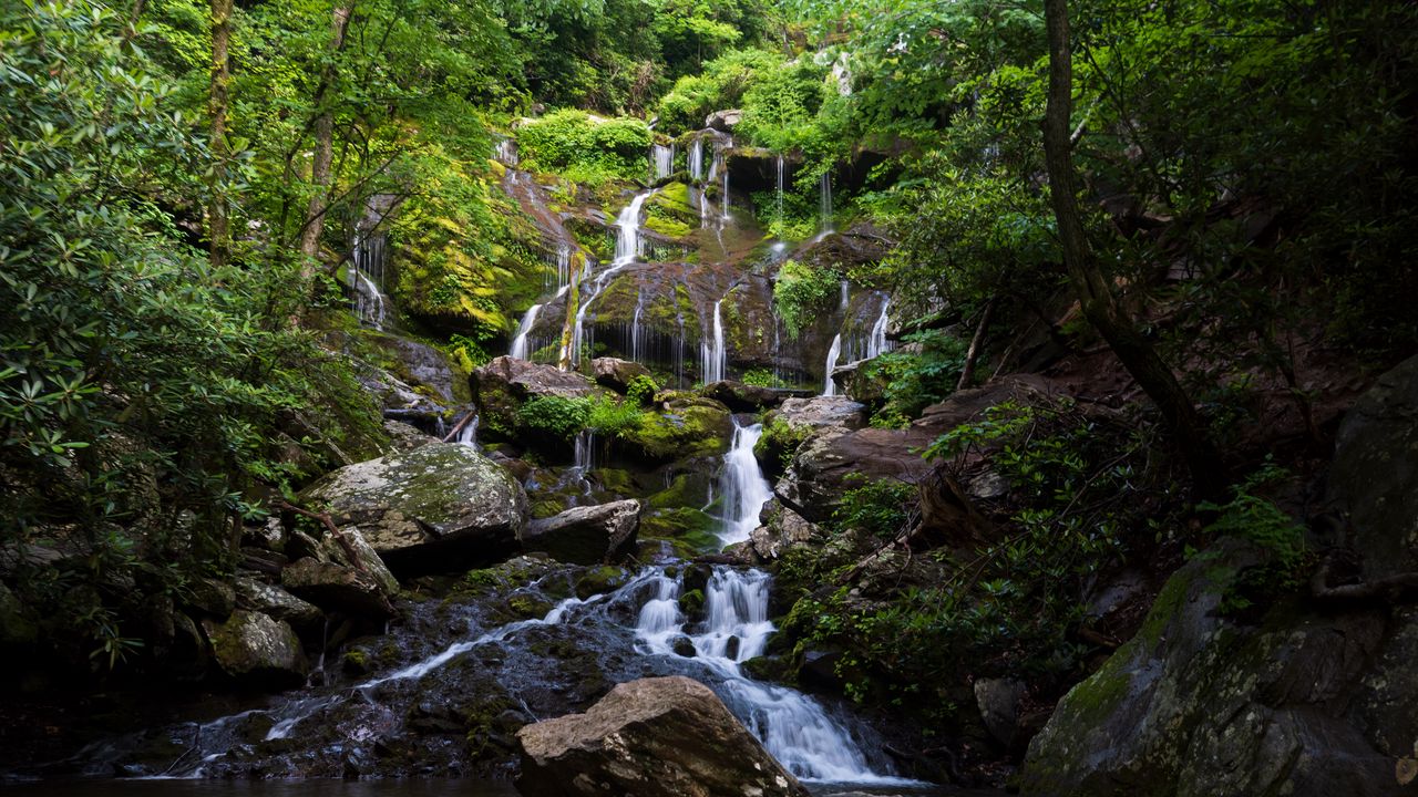 Wallpaper waterfall, water, cascade, stones, trees, nature