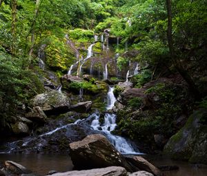 Preview wallpaper waterfall, water, cascade, stones, trees, nature