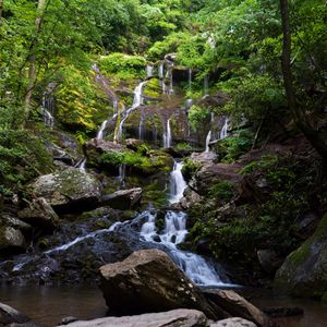Preview wallpaper waterfall, water, cascade, stones, trees, nature