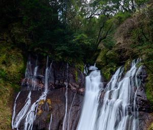 Preview wallpaper waterfall, water, cliff, trees, landscape