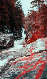 Preview wallpaper waterfall, water, flow, stones, red leaves