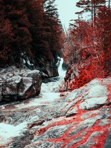 Preview wallpaper waterfall, water, flow, stones, red leaves