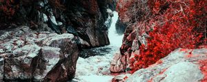 Preview wallpaper waterfall, water, flow, stones, red leaves