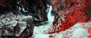 Preview wallpaper waterfall, water, flow, stones, red leaves