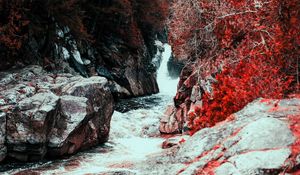 Preview wallpaper waterfall, water, flow, stones, red leaves