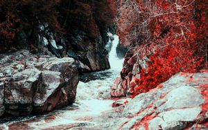 Preview wallpaper waterfall, water, flow, stones, red leaves