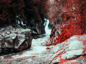 Preview wallpaper waterfall, water, flow, stones, red leaves