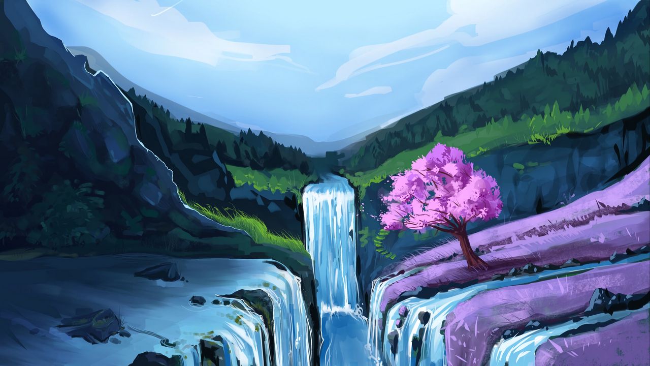 Wallpaper waterfall, water, landscape, art