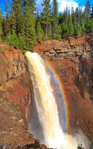 Preview wallpaper waterfall, water, rainbow, rock, nature