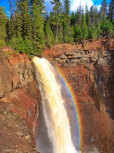 Preview wallpaper waterfall, water, rainbow, rock, nature