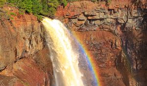 Preview wallpaper waterfall, water, rainbow, rock, nature