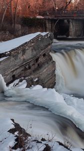 Preview wallpaper waterfall, water, river, stones, snow, winter, nature