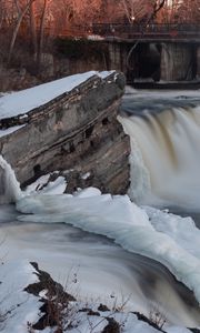 Preview wallpaper waterfall, water, river, stones, snow, winter, nature