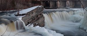 Preview wallpaper waterfall, water, river, stones, snow, winter, nature