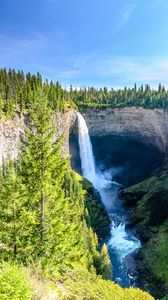 Preview wallpaper waterfall, water, rock, spruce, trees, sky