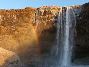 Preview wallpaper waterfall, water, rock, rainbow, nature