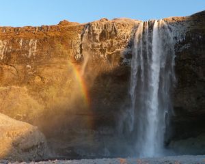 Preview wallpaper waterfall, water, rock, rainbow, nature