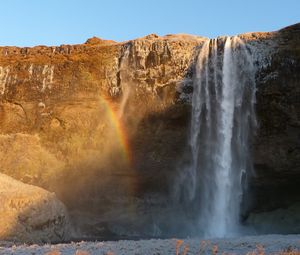 Preview wallpaper waterfall, water, rock, rainbow, nature