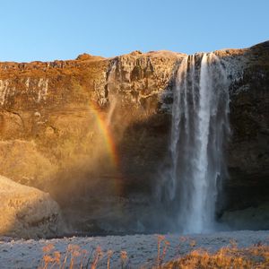 Preview wallpaper waterfall, water, rock, rainbow, nature