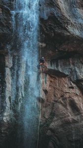 Preview wallpaper waterfall, water, rock, rock climber