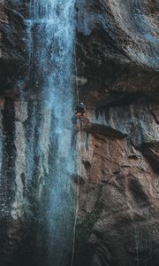 Preview wallpaper waterfall, water, rock, rock climber